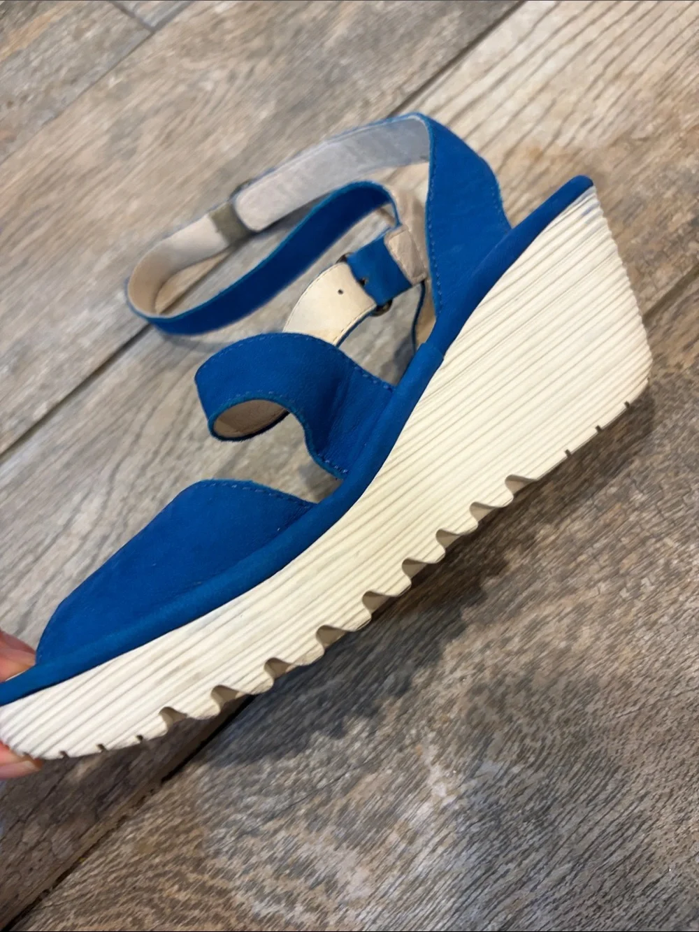 Fly London Yesk Blue Wedge Sandals with Ankle Strap size 37 US 6-6.5